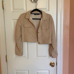 Misguided cropped corduroy shacket in cream tan